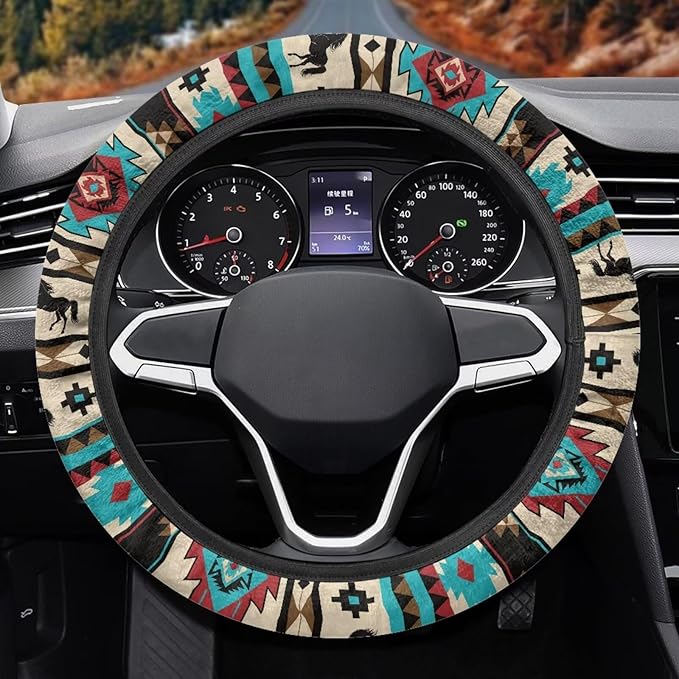SEANATIVE Universal Steering Wheel Cover, Easy to Disassemble, Non-Slip Soft Steering Wheel Cover, Blue Aztec Hores Auto Decor Accessiores