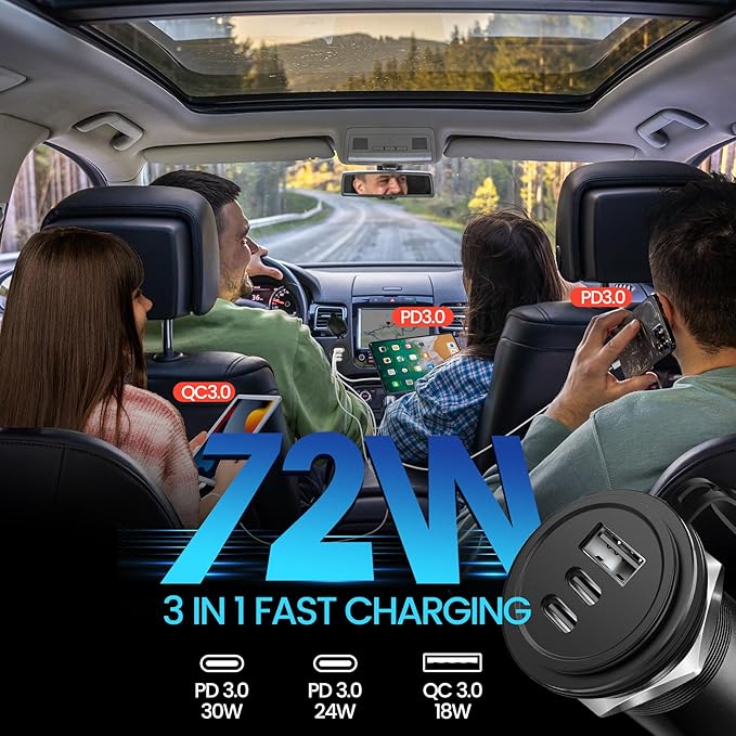 72W 3 Port 12V USB Outlet, Dual PD3.0 Type-C & QC3.0 Aluminum Car Charger, Multi Port USB Power Socket Cigarette Lighter Replacement for RV Camper Truck Boat Golf Cart (1Pcs)