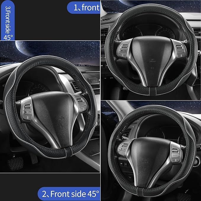 Leather Car Steering Wheel Cover,Anti-Slip, Safety,Soft, Breathable, Heavy Duty,Thick,Full Surround, Sports Style,Universal Car Accessories for Women Men Fit 14" 1/2-15"(Black with Gray line)