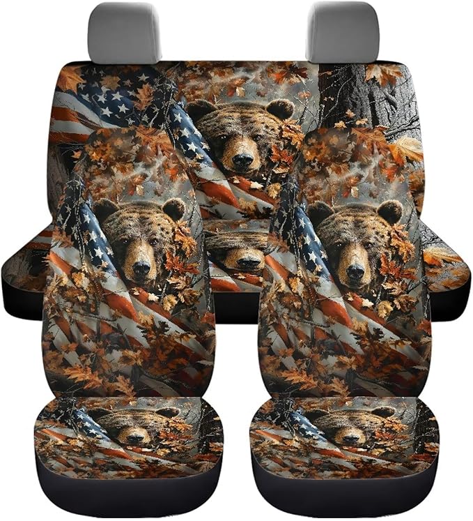 KEIAHUAN Car Seat Covers Front & Rear American Flag Brown Bear Automotive Bucket Seat Covers & Rear Split Bench Seat Cushion Pads Fit Most Cars, Trucks, SUV or Vans
