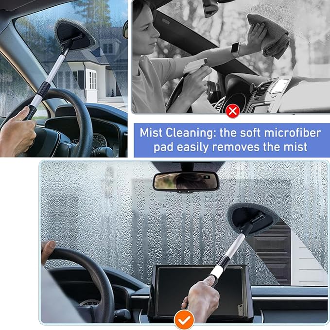 desin Windshield Cleaning Tool, Car Window Cleaner Windshield Cleaner with 4 Reusable and Washable Microfiber Pads and Extendable Handle Auto Inside Glass Wiper