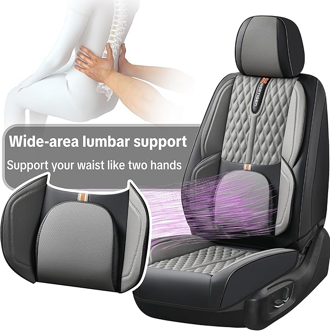 Car Seat Cover Set, Black and Gray, Automotive Interior Accessories, with Lumbar Support, Premium Nappa Leather, Waterproof, Protects and Upgrades Your Car Interior, Fits Most Vehicles