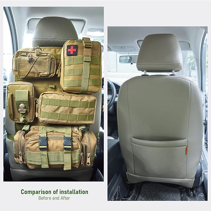 Universal Tactical Seat Back Organizer Vehicle Molle Panel Organizer Storage Bag with 5 Detachable Molle Pouch for All Vehicel Such as Jeep,Truck,SUV, Car, Ford,Chevy etc