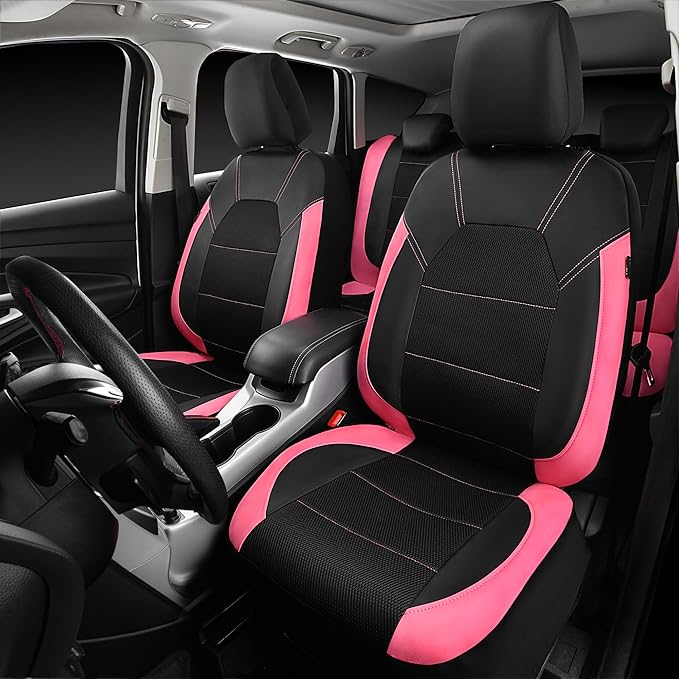 CAR PASS Leather Seat Covers, Breathable Universal Car Seat Cover Full Set for Cute Women Girly,Super 5mm Composite Sponge Inside,Airbag Compatible fits Most Auto,SUVs,Trucks,Vans(Black&Pink)