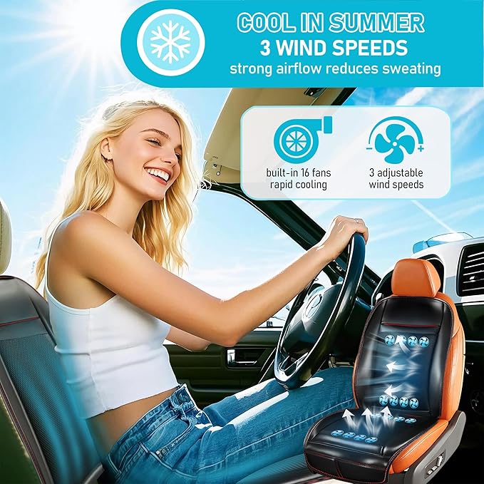 Cooling Car Seat Cover Ventilated Cooling Seat Covers for Cars Front Seats Leather 3-in-1 16 Fans Cooling Car Seat Cushion Massage Car Seat Cover with Climate Control 1PCS (Black)