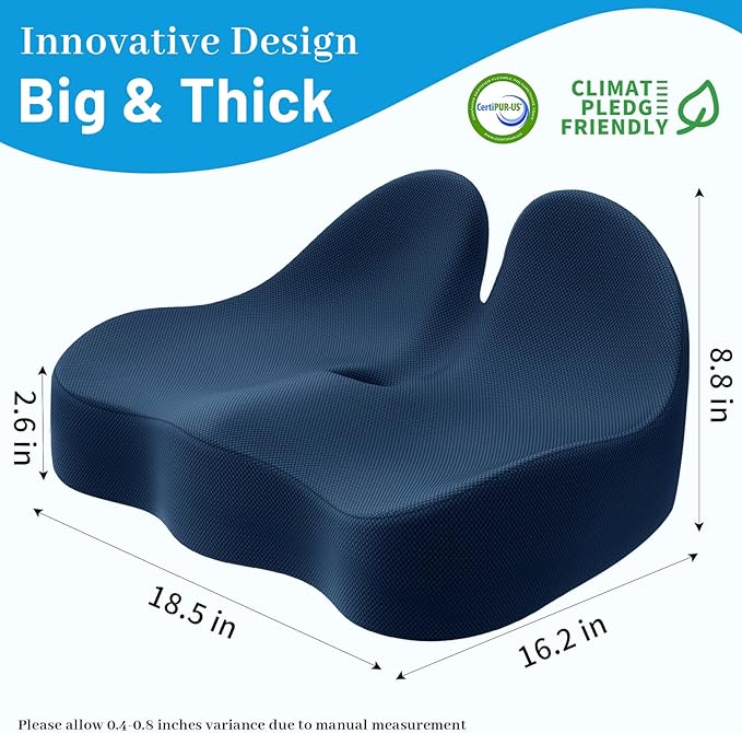 Seat Cushion, Memory Foam Office Chair Cushions, Ergonomic Curved Design for Sciatica, Tailbone, Coccyx, Seat Support for Car, Desk Chair, Wheelchair, Enhances Long Sitting Comfort (Blue)