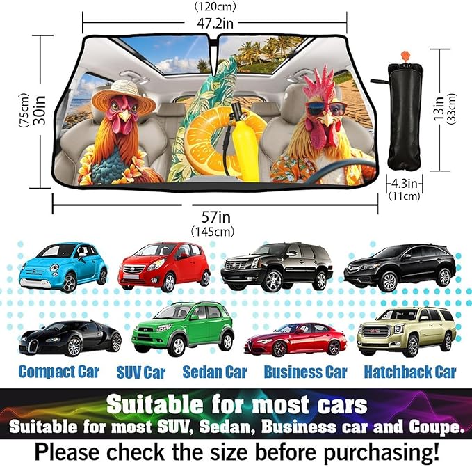 Socira Funny Rooster Chicken Car Windshield Sunshade Umbrella Foldable Umbrella Sun Shade Windshield Cover Sunshade Car Accessories Blocks Uv Rays Keeps Cool (57" X 30")