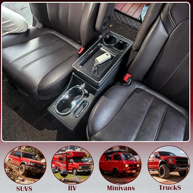 Truck Center Console Organizer Between Seat for Minivans, SUVs, Middle Van Bench Organizer for Floor Between The Back Seat Console 18 Wheelers Locking Design with Sliding Lid Design