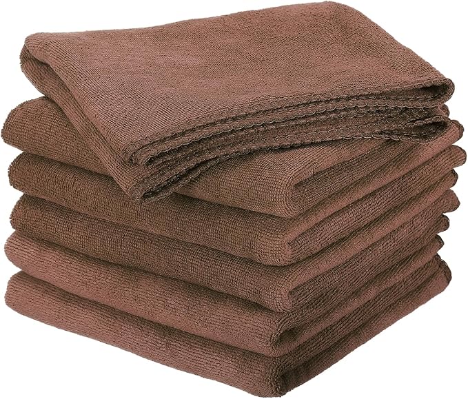 HARFINGTON 6 Pack Microfiber Cleaning Cloth, 24" x 12" Multi-Functional Cleaning Towels Reusable Absorbent Rags for Car Wash Kitchen Household Window Clean, Brown