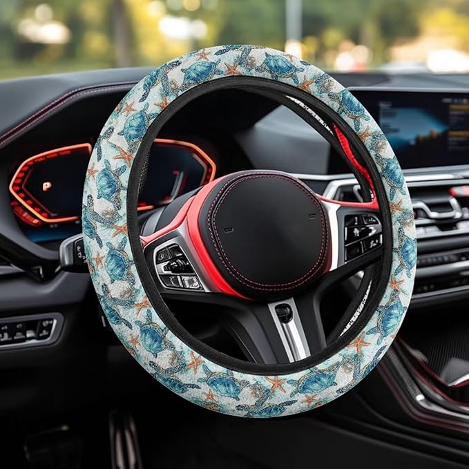 AFPANQZ Steering Wheel Cover for Women, Turtle Starfish Print Sweat Absorbing Non-Slip Steering Wheel Protection Case Machine Washable Elastic Flexible Universal 14 to 15 inch