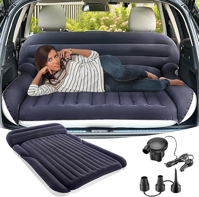 KMZ SUV Air Mattress with 2 Pillows – Thickened and Flocked Car Bed – Portable Travel Pad for Camping & Road Trips – Quick Inflate & Deflate with External Pump – Navy Blue+Light Gray