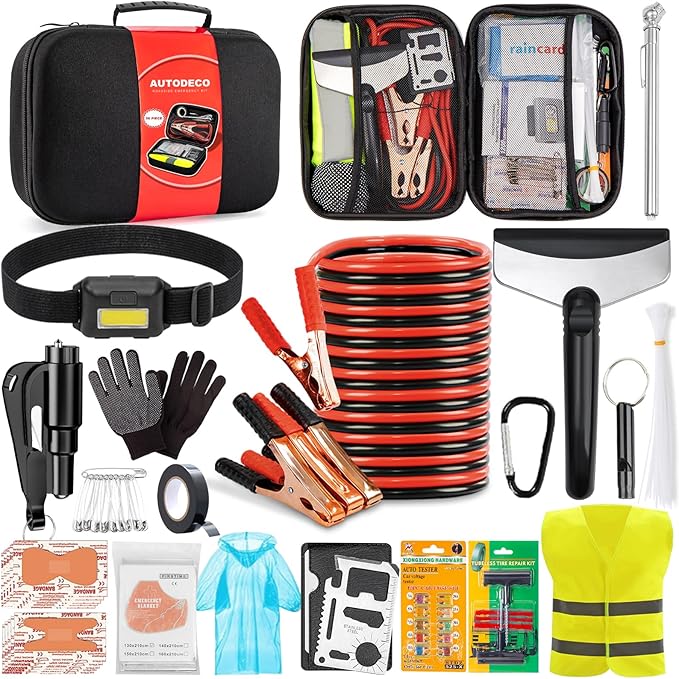 AUTODECO Roadside Emergency Kit Car Safety Kit with Jumper Cables Car Kits for Emergency, Black