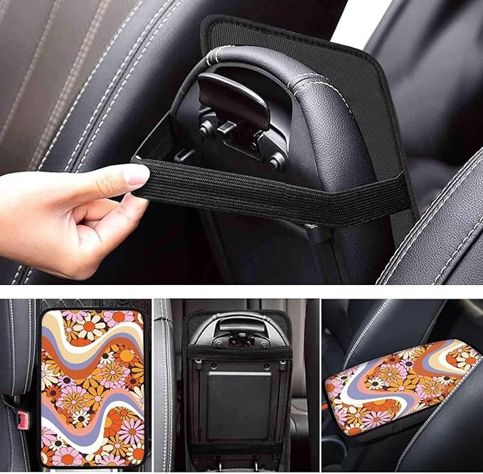 UNICEU Cute Daisy Flower Twirl Print Car Center Console Armrest Cushion Cover Auto Accessories for Women Neoprene Car Armrest Box Protector Pad