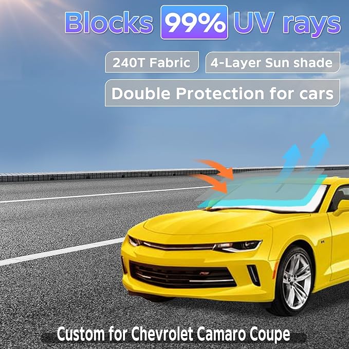 Sun Shade Sunshade for Chevrolet Camaro Coupe 2016-2025 Windshield Cover, 4-Layers Sun Shield 250T Silver Coating Sun Visor for Chevy Camaro Coupe Window Shade Blocks UV Rays Car Accessories