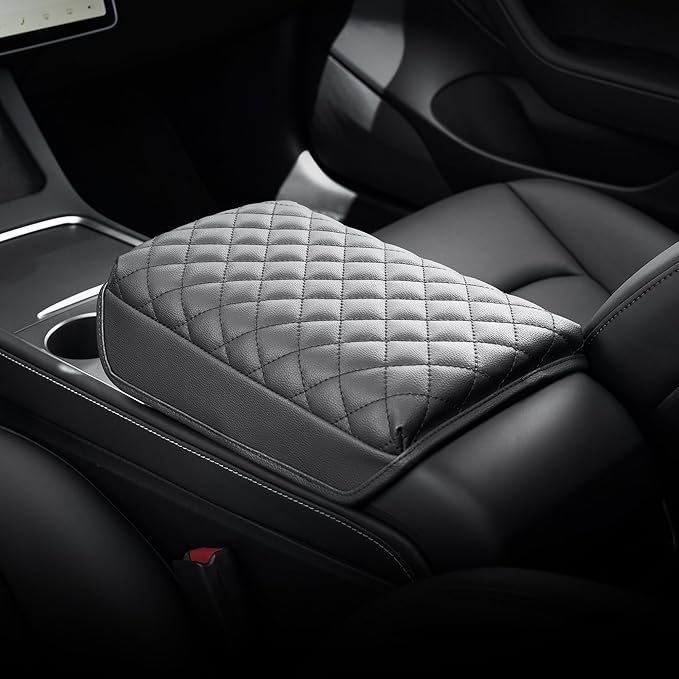 KMMOTORS Model y, Model 3 (2021-2024) Center Console Cover Quilting Black, Armrest Cushion, Console Protector, Vegan Leather (Black)