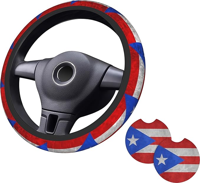 Boricua Puerto Rico Flag Steering Wheel Cover Frog Steering Wheel Cover Anti-Slip Breathable Universal for 15 Inch Car with 2 Pieces Car Coasters Suitable for Men Women