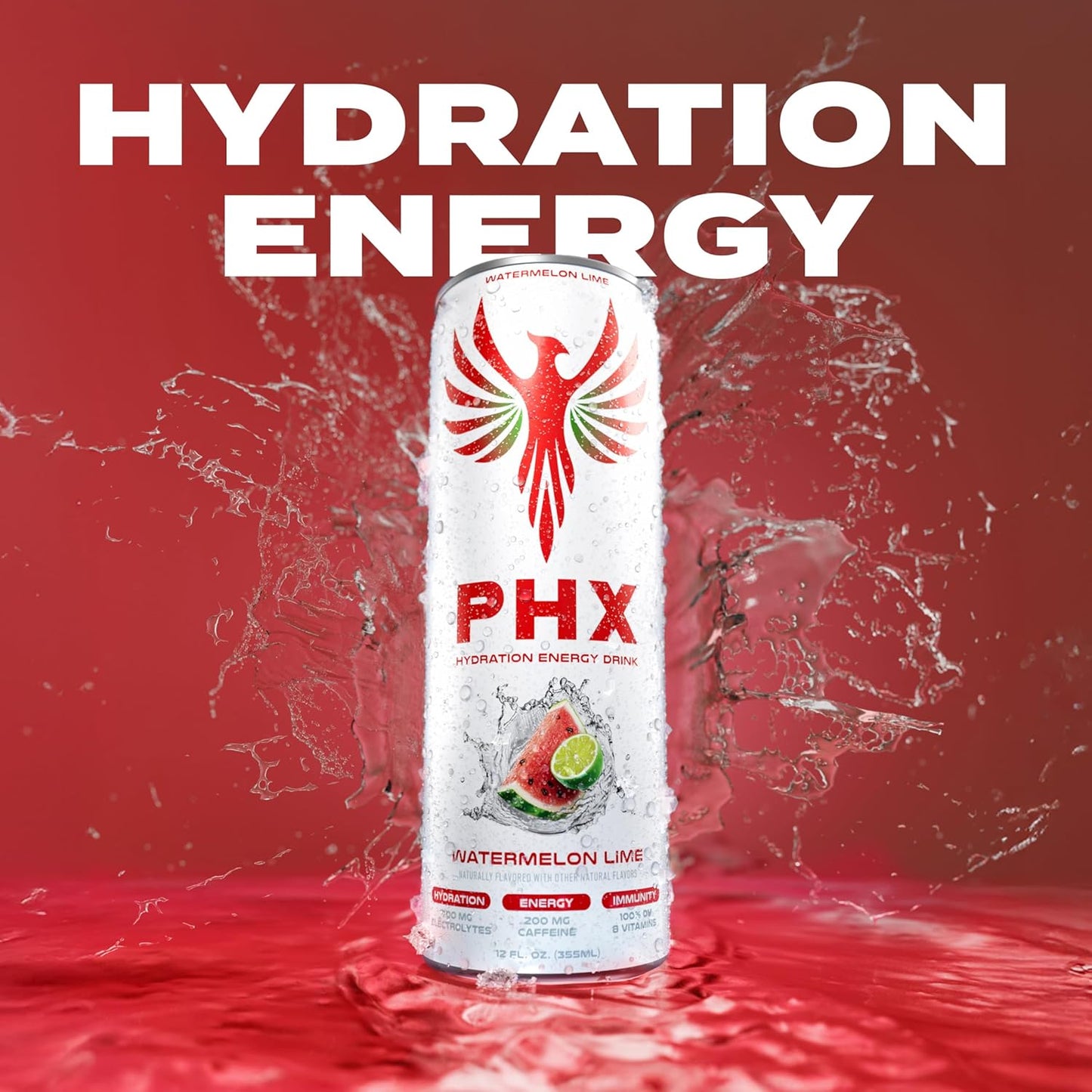 PHX Hydration Energy Drink - 700mg Electrolytes, 200mg Natural Green Tea Caffeine, 100% Daily Value 8 Essential Vitamins - 12 oz Cans (12 Pack) (12 Pack, Watermelon Lime)