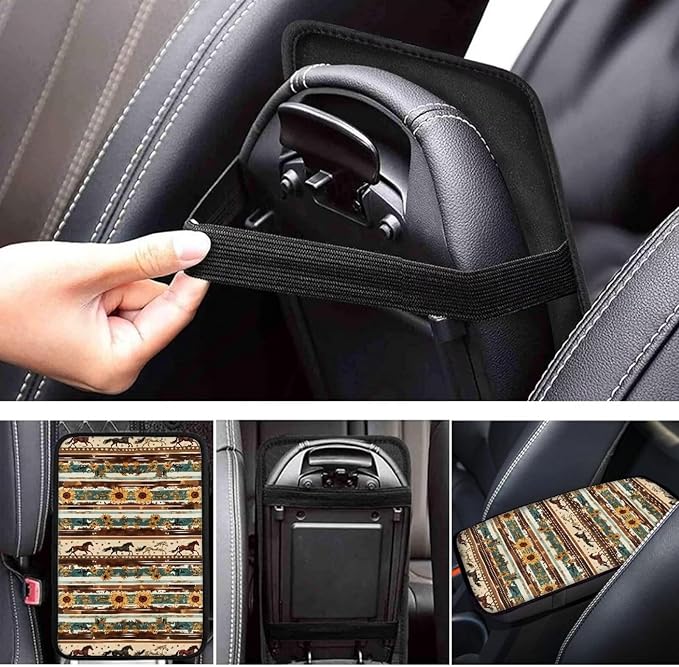 Auto Center Console Pad, Easy to Install Armrest Cover Pad for Trucks Vans SUV Cars Aztec Horse Sunflower Universal Car Interior Decor Accessories for Women Men
