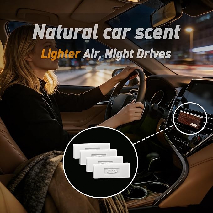 4 Packs Amber Vanilla Scented Natural Wood Vent Clips,【Ease Your First Breath】 Odor Refresh Car Scents Air Freshener Refills, Long Lasting Fragrance Diffuser, SUV Essentials Gift for Women