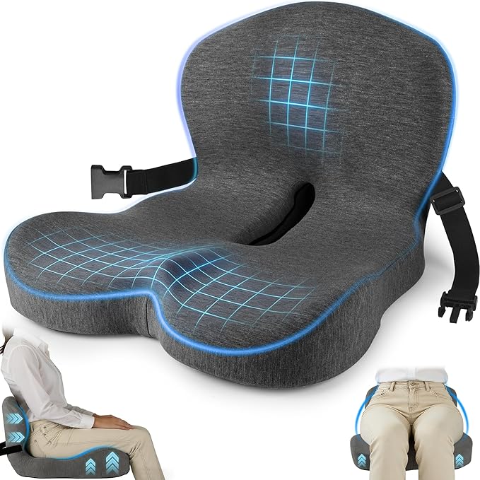 MYFAMIREA Truck Seat Cushion, Memory Foam Trucker Seat Cushion for Truck Driver Long Sitting with Adjustable Strap, Back Support and Pain Relief for Trucker Driving Office Chair and Pain, Dark Gray