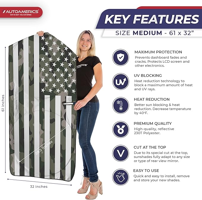 Autoamerics 1-Piece Windshield Sun Shade Green Camo American Flag USA Design - Foldable Car Front Window Sunshade for Most Sedans SUV Truck - Blocks Max UV Rays and Keeps Your Vehicle Cool - Medium
