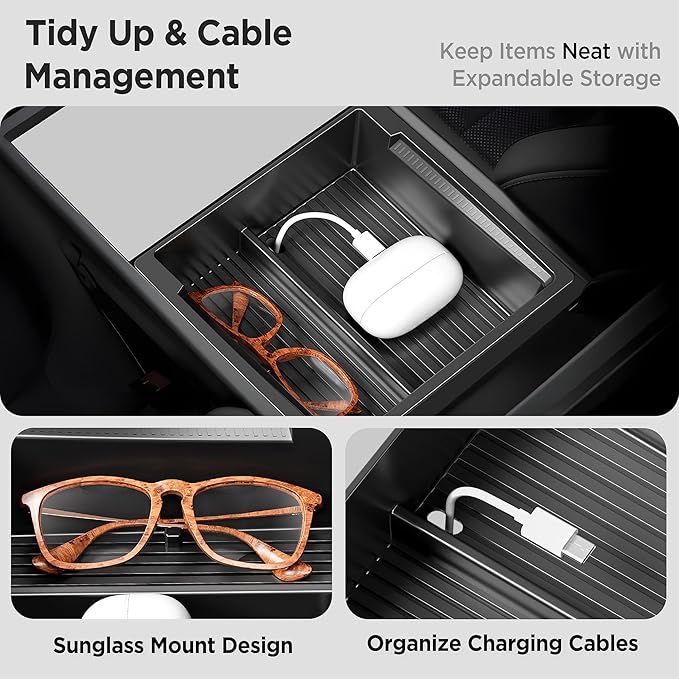 Center Console Organizer Tray for Tesla Model Y Juniper Accessories 2025 2026/For Tesla Model 3 Highland Accessories 2024 2025 2026 [Slide Smoothly/US Patent] Cup Holder Matte Black