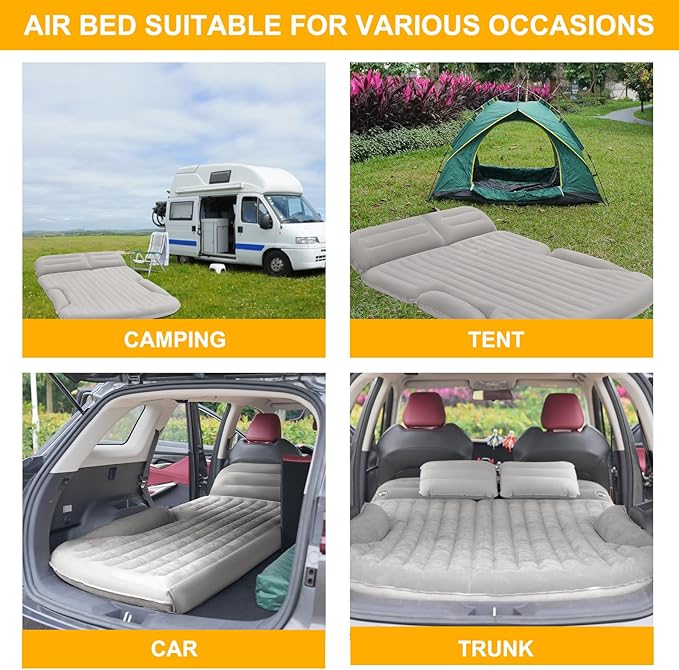 KMZ SUV Air Mattress Thickened and Double-Sided Flocking Travel Camping Bed with 2 Pillows & Pump Dedicated Mobile Cushion Inflatable Bed for SUV Trunk and Rear Seat (Light Gray)