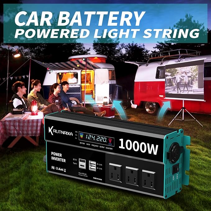 1000W Power Inverters 12V DC to 110V AC Converter for Vehicles USB-C/PD 25 Watts Fast Charging Ports Car Charger Adapter with a Cigarette Lighter Ports Plug Outlet