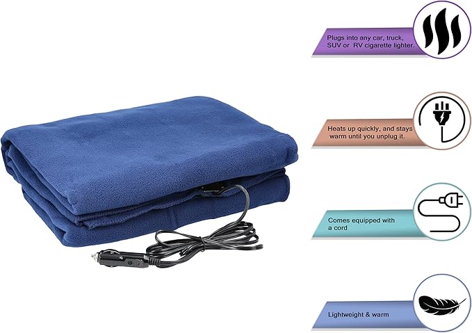 Heated Blanket - 12-Volt Electric Blanket for Car, Truck, SUV, or RV - Portable Winter Car Accessories for Camping or Travel by Stalwart (Navy)