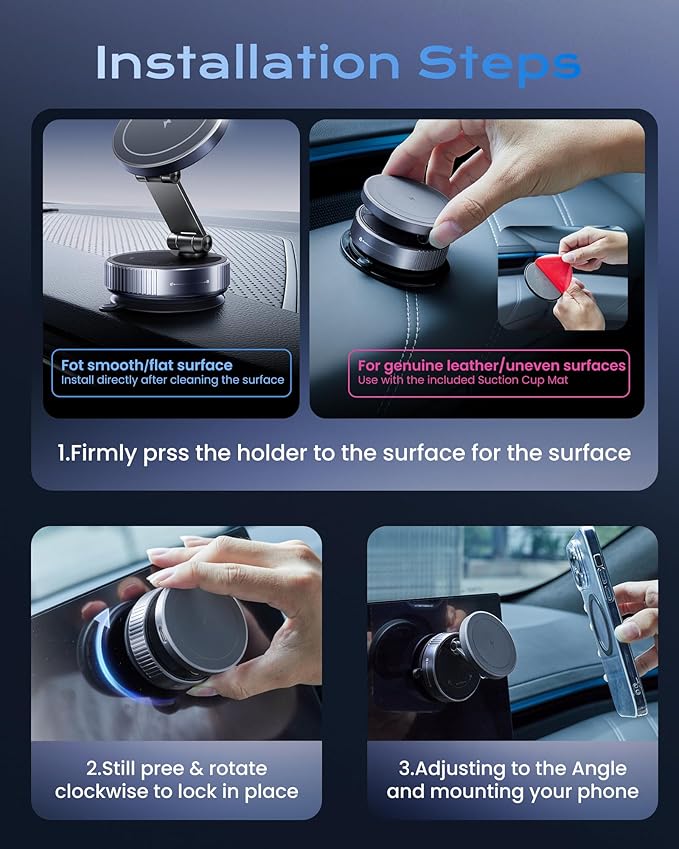 Magnetic Phone Charging Holder Mount for Magsafe Car Mount Charger, 15W Fast Charger Wireless [108+LBS Suction & 3800gf Magnetic], 360° Adjustable Vacuum Holder for iPhone 12-17 series (with Adapter)