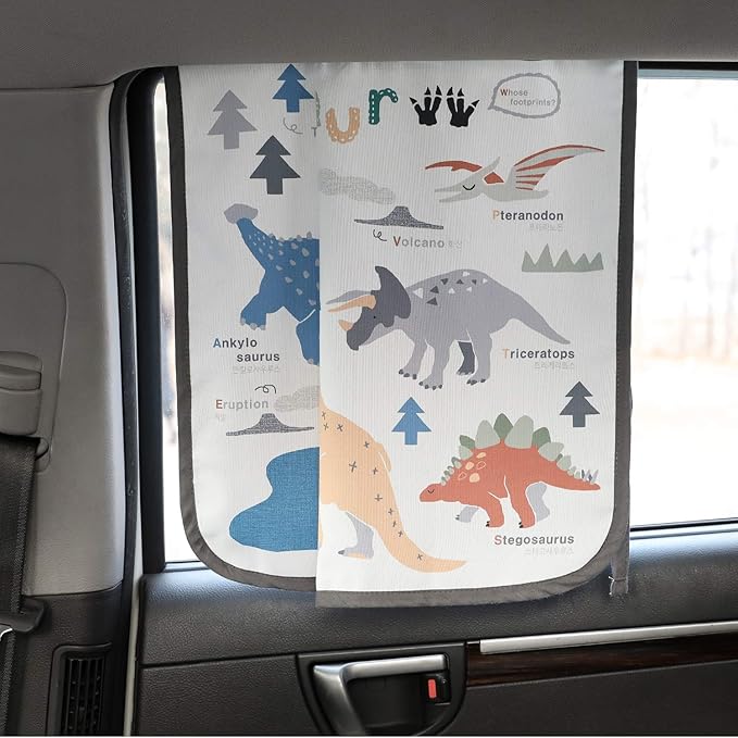 Magnetic Car Sun Shade Curtain for Side Window – Sun Blocker and UV Protector for Baby, Kids, and Pets – Universal Fit with Built-in Magnets for Steel-Framed Door (Dinosaur)