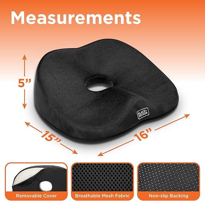 BLACK+DECKER High Back Tailbone Seat Cushion – Memory Foam Chair Cushion for Office, Car, Wheelchair & Airplane – Ergonomic, Non Slip, Breathable Mesh, Sciatic Pain Relief, Washable Cover, Black