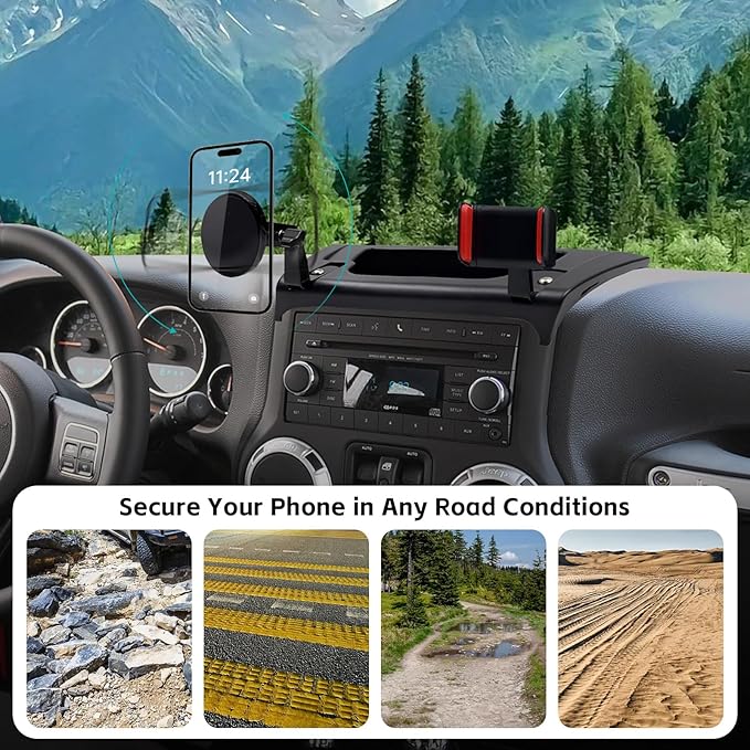 Magnetic Dash Phone Mount for 2011-2017 Jeep Wrangler JK JKU Accessories, Multi-Mount Phone Holder with Extension Arm Metal Rod, Dashboard Storage Tray with Extra Clip Bracket (Not for JL JLU)