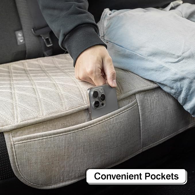 Universal Auto Faux Linen Back Car Seat Cover Beige - Breathable Rear Seat Protector with Non-Slip Bottom SizeSL - Diamond Stitched Bench Seats Cushion for Vehicles Cars Van SUV Truck