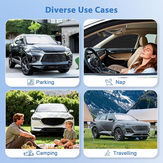 PEMOTech Windshield Sun Shade with Storage Pouch, Thickened Titanium Silver Coating Overlapping Car Window Shades, Blocks 99% Rays & Keeps Interior Cool, Rear View Mirror Compatible(59x31 inches)