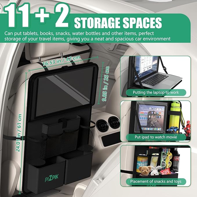 Plzpik Car Backseat Organizer with Tablet Holder,11 Storage Pockets with Foldable Food Tray, Protector Kick Mats for Kids, Travel Accessories Organizer (Black, 2Pack with Food Tray)