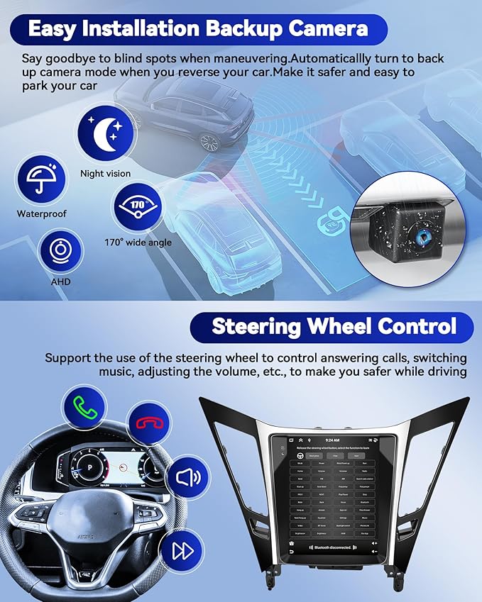 8 Core 6G+128G for Hyundai Sonata 2010-2015 Android 15 Car Stereo, 9.7" IPS 2.5D Car Radio Wireless Carplay Android Auto/59UI /FM/RDS /32EQ /DSP/GPS/WiFi/SWC + AHD Backup Camera