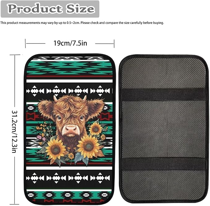 UNICEU Aztec Sunflower Highland Cow Print Car Center Console Armrest Cushion Cover Soft Auto Interior Decor Armrest Box Protector Covers Pad