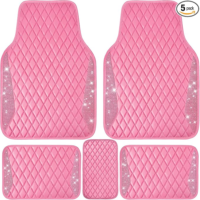 CAR PASS Bling Leather Car Mats Shining Diamond Floor Mats Crystal Rhinestones Sparkly Glitter Carpet Anti-Slip Waterproof Pad Universal Fit for Automotive SUV, Sedan, Van, 5pcs for Girl Women Pink