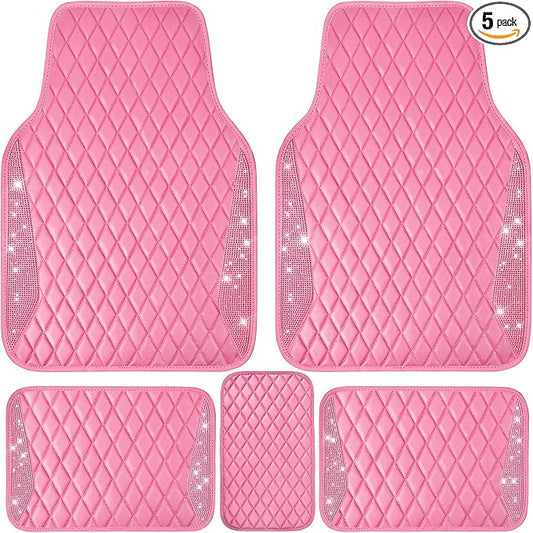 CAR PASS Bling Leather Car Mats Shining Diamond Floor Mats Crystal Rhinestones Sparkly Glitter Carpet Anti-Slip Waterproof Pad Universal Fit for Automotive SUV, Sedan, Van, 5pcs for Girl Women Pink