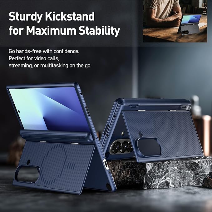 Poetic Revolution Flex Case for Galaxy Z Fold 7, [Hidden Foldable Kickstand][Hinge Protection][MagSafe Compatible], Full Body Shockproof Galaxy Z Fold 7 Cover with Built-in-Screen Protector, Navy Blue