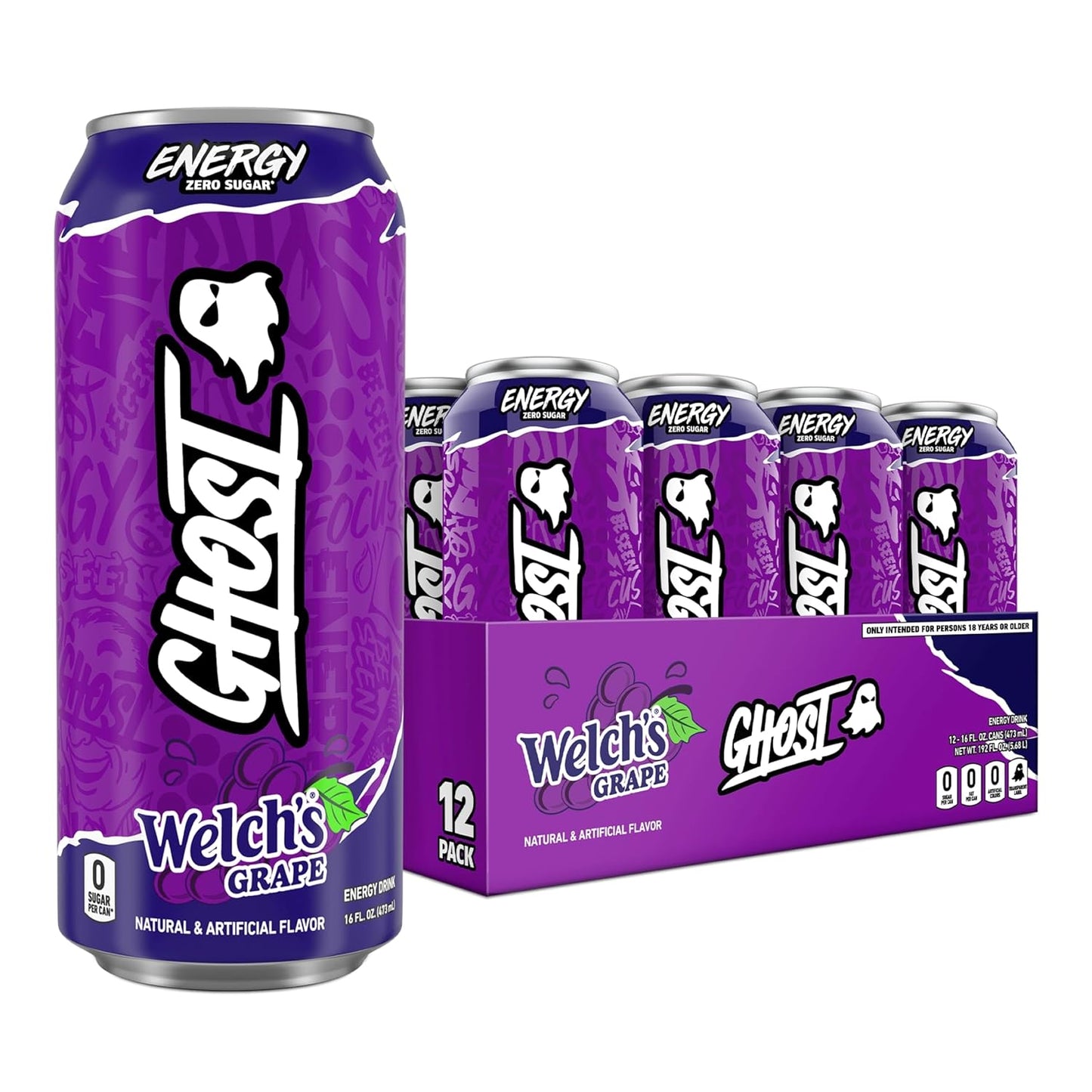 GHOST Energy Drink - 12-Pack, Welch's Grape, 16oz Cans - Energy & Focus & No Artificial Colors - 200mg of Natural Caffeine, L-Carnitine & Taurine - Gluten-Free & Vegan
