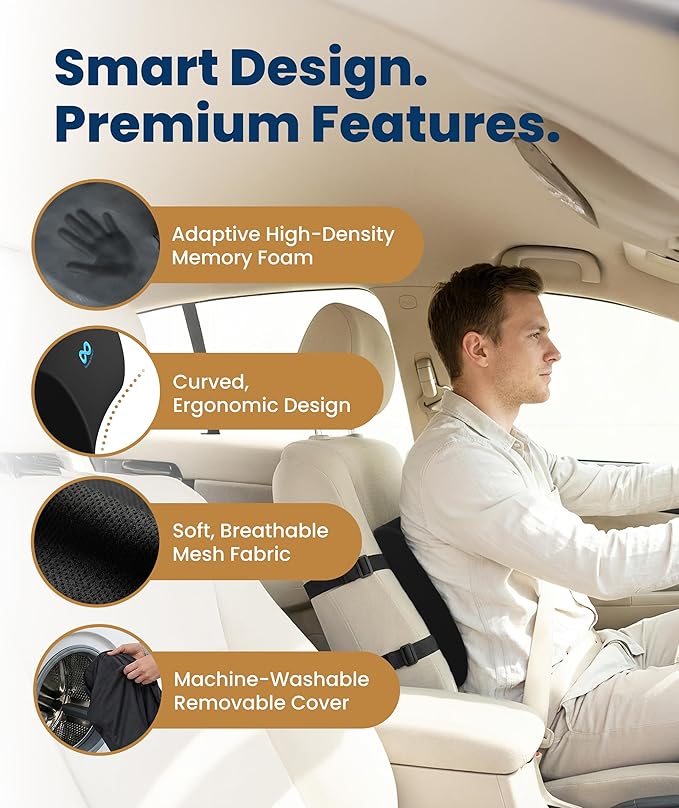 Everlasting Comfort Lumbar Support Pillow for Office Chair - Memory Foam Back Cushion for Car Seat - Promotes Better Posture, Back Pain Relief - Ideal Gaming and Desk Chairs Work and Home Essentials