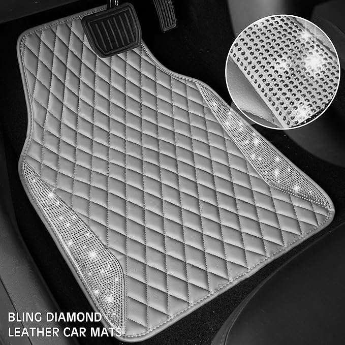 CAR PASS Bling Diamond Car Mats Gray Leather Floor Mats Sparkly Glitter Crystal Shining Rhinestone Carpet Anti-Slip Waterproof Pad Universal Fit for Automotive SUV Sedan Van 5pcs for Girl Women Gray