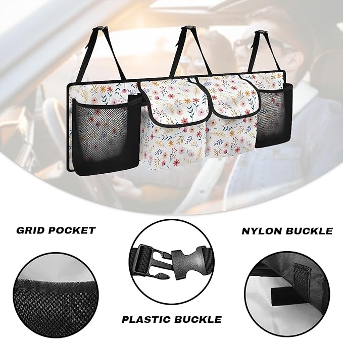 Trunk Organizer for Car Women Flower Backseat Car Organizer for SUV/MPV/Truck, Space-Saving Adjustable Trunk Storage Bag with 4 Pockets, Esay to Install