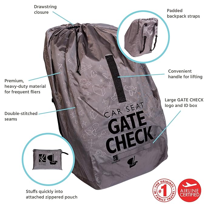 J.L. Childress Gate Check Bag for Car Seats - Travel Bag for Airplane, Fits All Baby & Infant Car Seats, Airport Accessories for Gate Check, Flying Essentials, Padded Backpack Straps - Deluxe, Grey