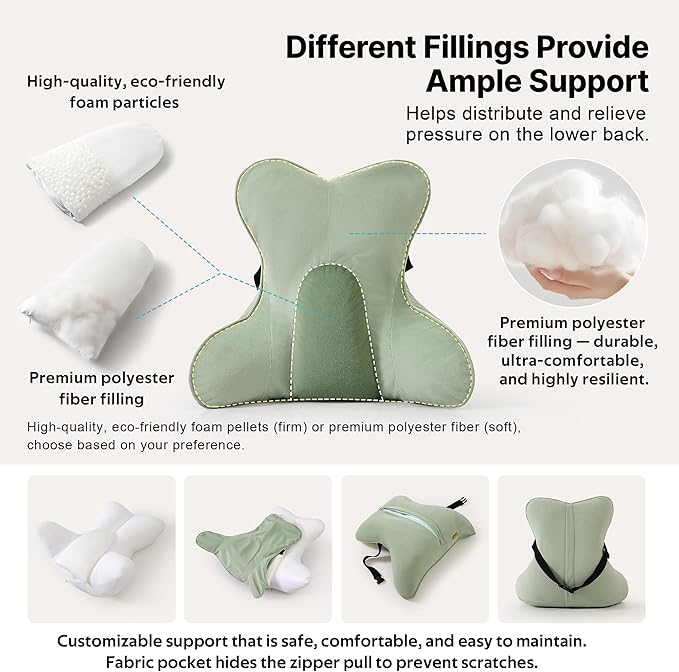 Lumbar Support Pillow (Pat. Pend) for Couch & Recliner, Ergonomic Chair Back Support for Lower Back Pain Relief, Back Support for Couch, with Adjustable Strap to Stay in Place, Celadon Green