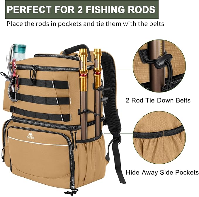 MATEIN Fishing Backpack, Water Resistant Tackle Storage Bag with Rod Holders & Cooler, Fishing Gifts for Men