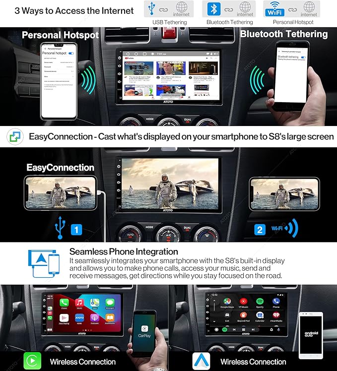 ATOTO 7-inch Android Car Stereo with Wireless CarPlay, Android Auto, Dual Bluetooth, QLED Display, HD Rearview - S8G2B74PM