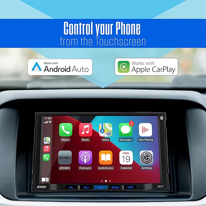 JENSEN J1CA7 7-inch Certified Apple CarPlay Android Auto | Double DIN Touchscreen Car Stereo Radio | Bluetooth Hands Free Calling & Music Streaming | Backup Camera Input | USB Playback & Charging